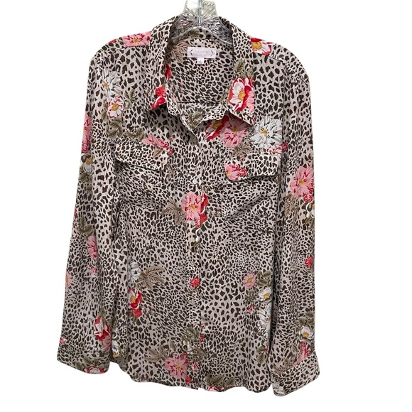 Nanette Lepore Long Sleeve Button Down Leopard Print/Floral Blouse Size XL - Picture 3 of 10